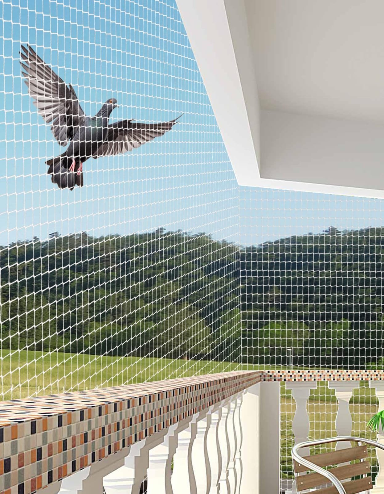 Bird net fitted across a balcony, blocking pigeons